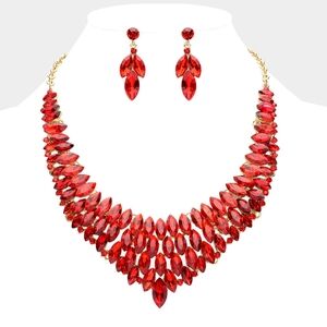 Red Crystal Cluster Marquise Stone Collar Evening Statement Necklace Set
